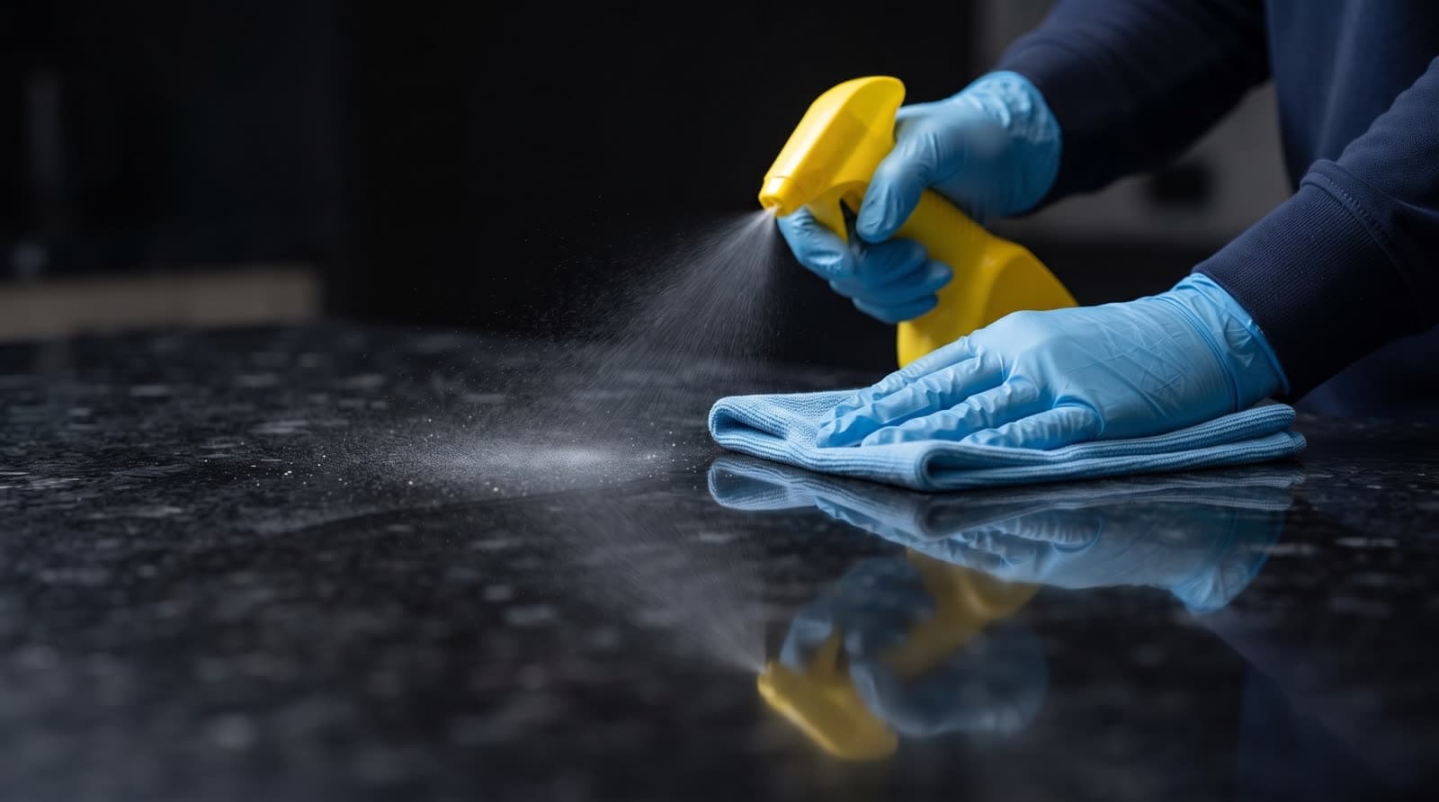 A Mrembola Services team member cleaning a finished countertop surface